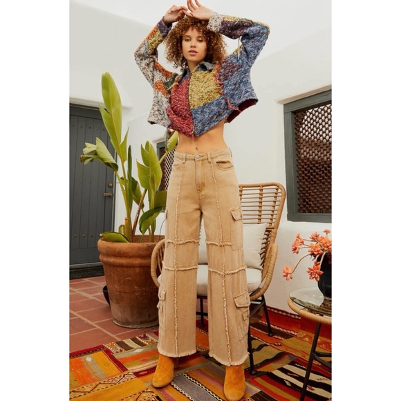 POL Reverse Seamed Relaxed Fit Straight Wide Leg Cargo Jeans in Coffee - Picture 8 of 13